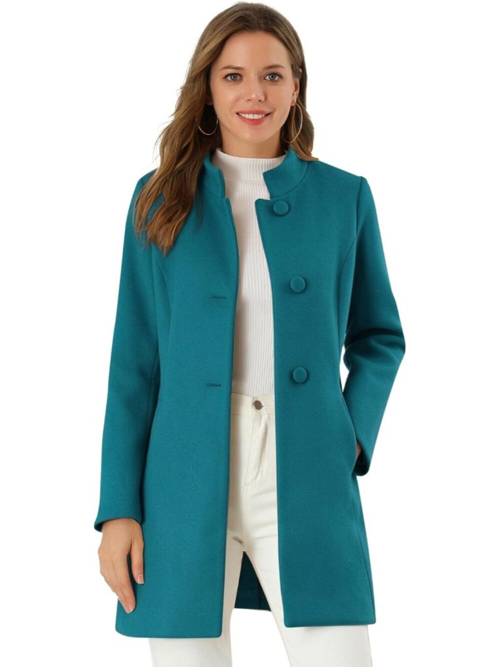 Women's Lake Blue Winter Overcoat Mid Long Stand Single Breasted Soft Pea Coat